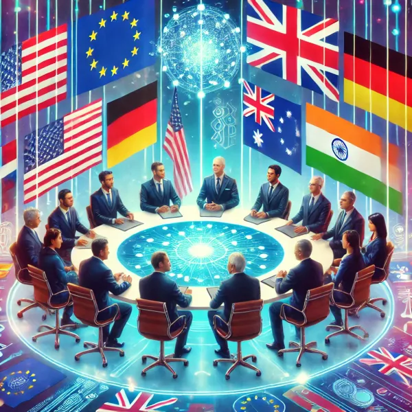 A group of leaders sitting at a holographic table surrounded by various f