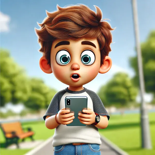 AI illustration of a child looking wide-eyed at a smartphone.